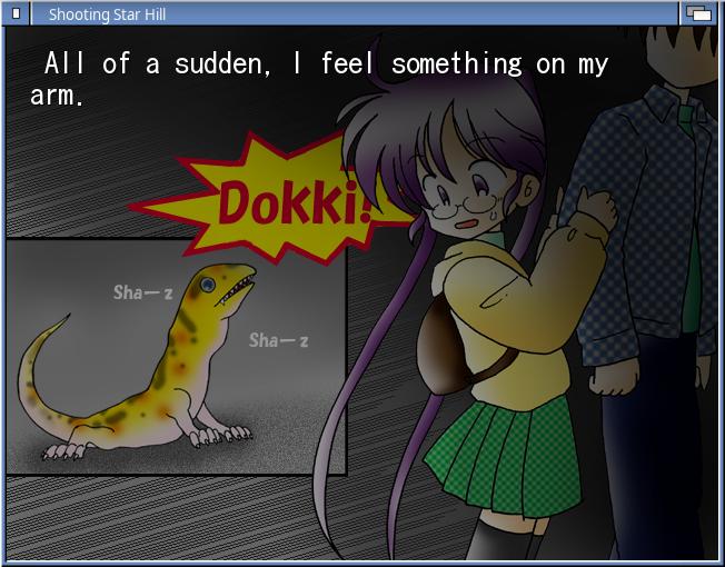 Kana Moriyama, the heroine of Shooting Star Hill, clutches the protagonist after being scared by a lizard.