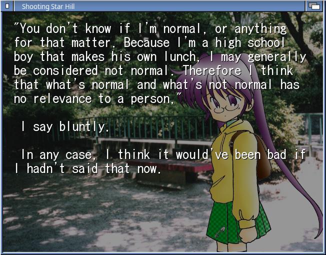 The protagonist of the Shooting Star Hill Visual novel explains to the heroine that being normal is not important.