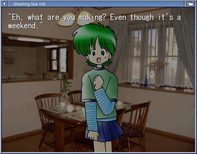The protagonist's green-haired sister in the Shooting Star Hill visual novel.