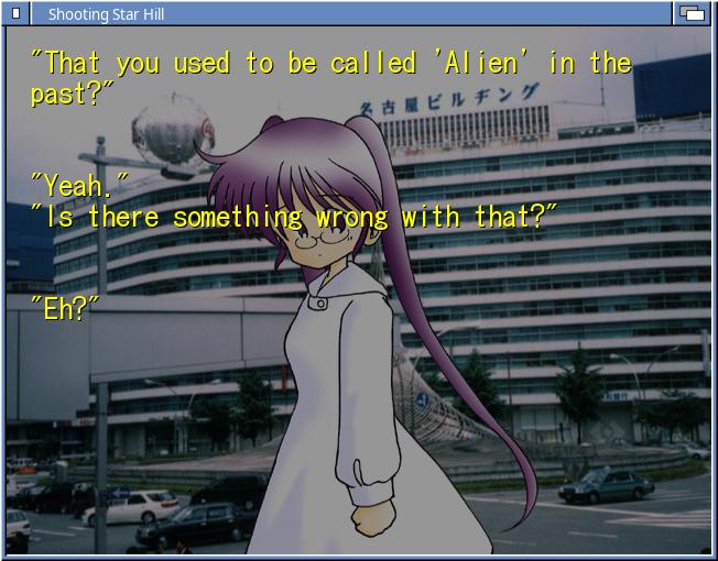 The protagonist of the Shooting Star Hill visual novel explains to the heroine that he does not care that people think she's an alien.