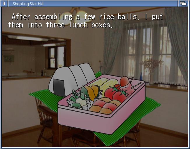 A completed bento box in the Shooting Star Hill visual novel.