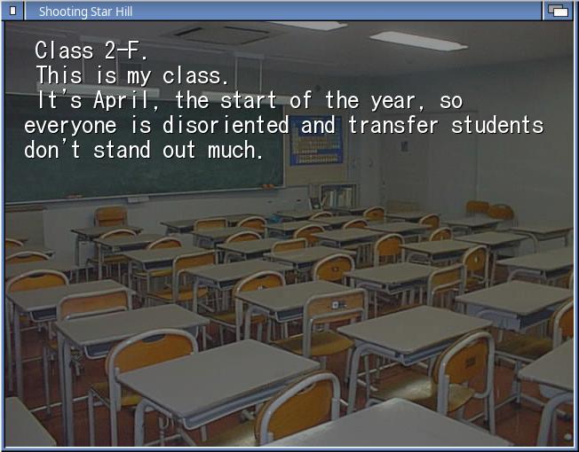 A classroom scene in the Shooting Star Hill visual novel.