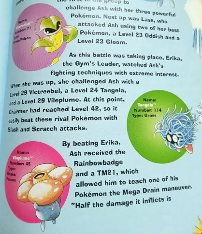Picture from Pokémon: Pathways to Adventure, showing illustrations of the three Pokémon wielded by the fourth gym leader, Celadon City's Erika.