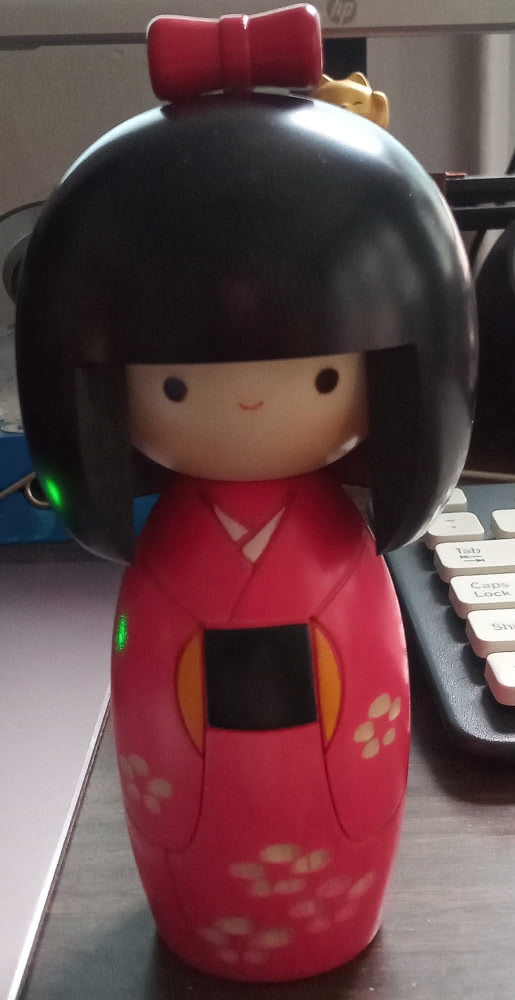 Close-up of an Usaburo kokeshi doll.