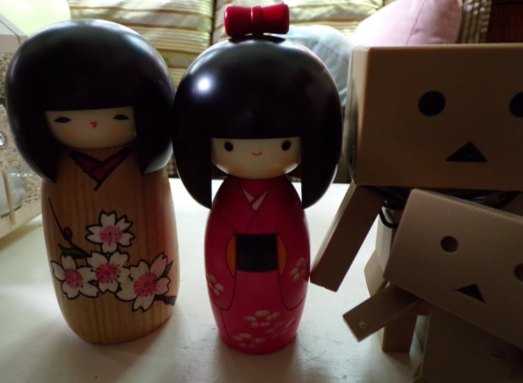 A sakura kimono Usaburo kokeshi doll standing between another Usaburo kokeshi doll and two danbo.