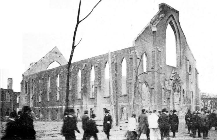 Ruins of St. Rose Catholic Church after the Great Chelsea Fire of 1908.