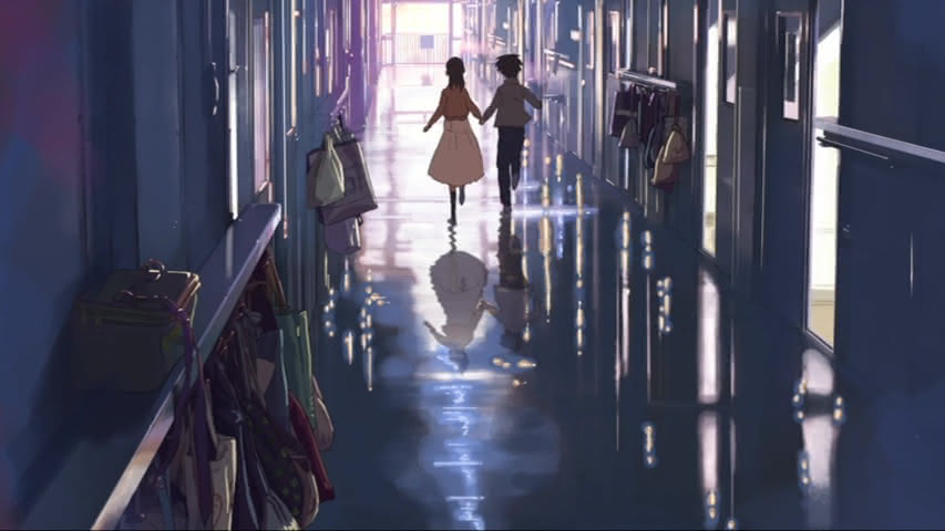After escaping their classmates jeers - Takaki and Akari run down the most beautiful school hallway in the world in the first act of 5 Centimeters Per Second.
