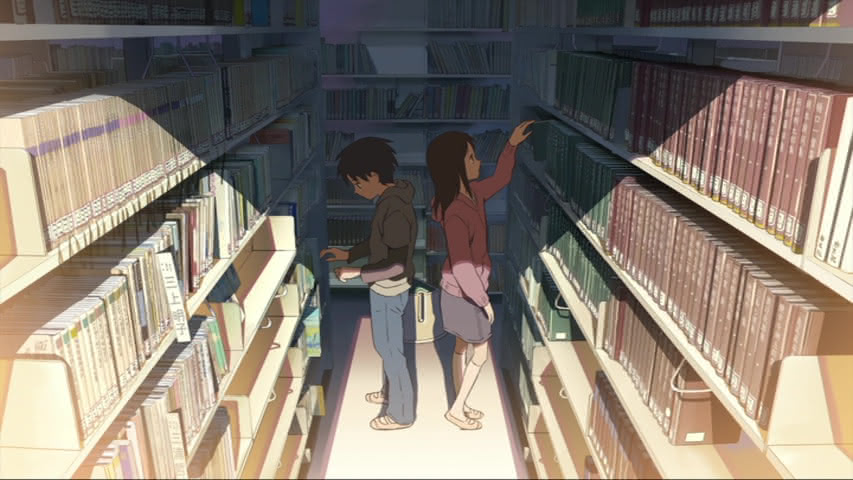 Takaki Tohno and Akari Shinohari in the school library in the first act of 5 Centimeters Per Second.