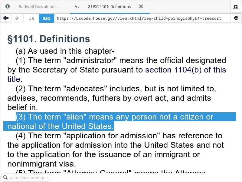 Screen capture of 8 USC 1101 highlighting the satutory definition of the term "alien."