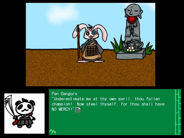 Pan Dangoro confronts an enemy in Instant Death! Panda Samurai, a short doujin visual novel.