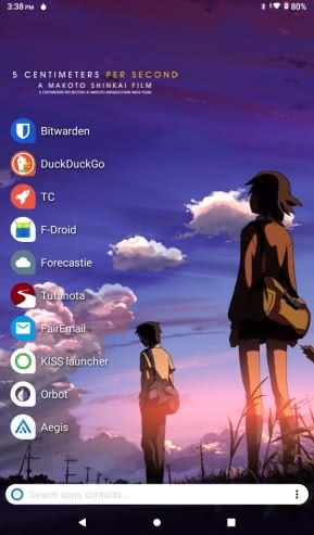 Screenshot Vankyo Matrixpad S7 with the Kiss Launcher and 5 Centimeters Per Second background.