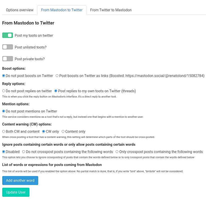 Mastodon Twitter Crossposter options for posting from Mastodon to Twitter.