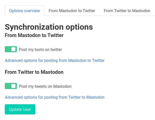 Mastodon Twitter Crossposter sync options.