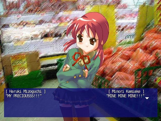 A scene in a grocery store in the May Sky visual novel where the two main characters are bickering with each other.