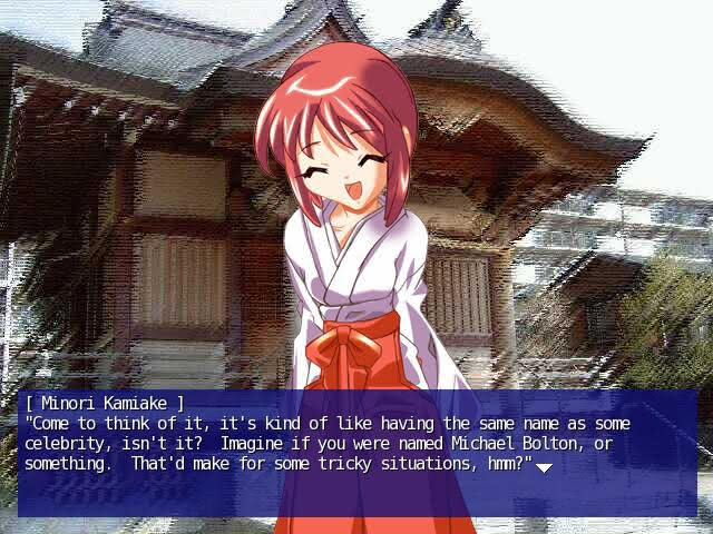 Minori Kamiake talks to the protagonist at the shrine in the May Sky visual novel.