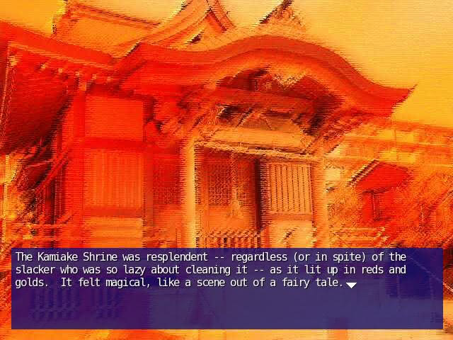 A shot of the shrine in the afternoon in the May Sky visual novel.