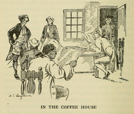 Scene depicting The Merchants' Coffee House in the late 18th century, which was situated between Wall and Water Streets in Manhattan. Drawing from the 1915 book Old Taverns of New York by Bayles W. Harrison.