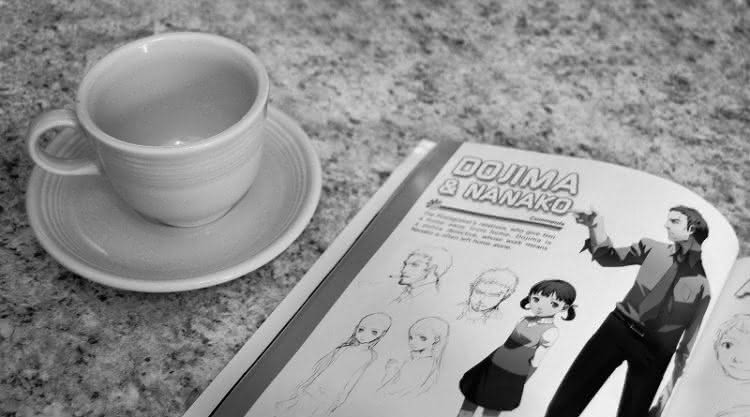 Persona 4, coffee, and children - black and white composition of Dojima, Nanako, and a coffee cup.
