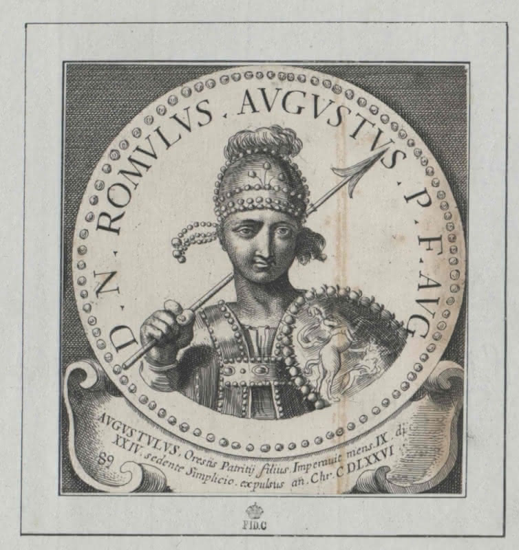 Illustration of Romulus Augustulus, the last Emperor to reign over the Western Roman Empire. "weströmischer Kaiser."