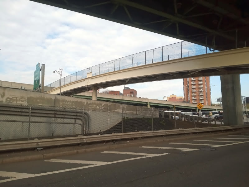 The Hamilton Avenue Footbridge seen from the Red Hook entrance at Luquer Street and Hamilton Avenue.