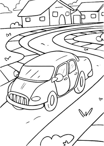 Public domain of a car driving on a winding street in a residential area from Openclipart.