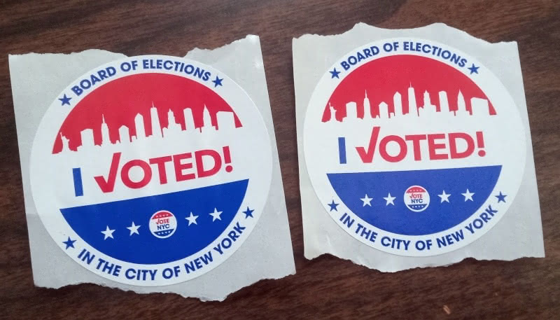 Two New York CIty "I Voted!" stickers from the June 2021 gubernatorial primary.