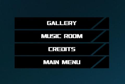 Extras menu in ACE Academy. The options are Gallery, Music Room, Credits, and returning to the Main Menu.
