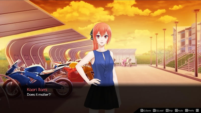 Kaori asking the protagonist "Does it matter?" in ACE Academy. They are in a futuristic parking lot in the late afternoon.