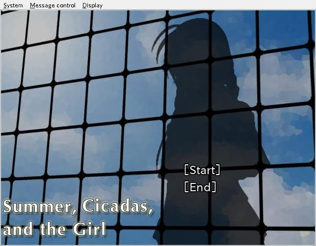 Title screen for Summer, Cicadas, and the Girl, the official translation of Natsu, Semi, Shoujo, a freeware Japanese visual novel from 2005. We see a blue sky background with the shadow of a girl.