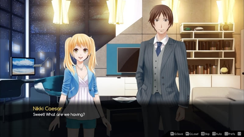 Nikki, Kaito, and the protagonist in ACE Academy in their living room. Kaito is wearing a three-piece suit.