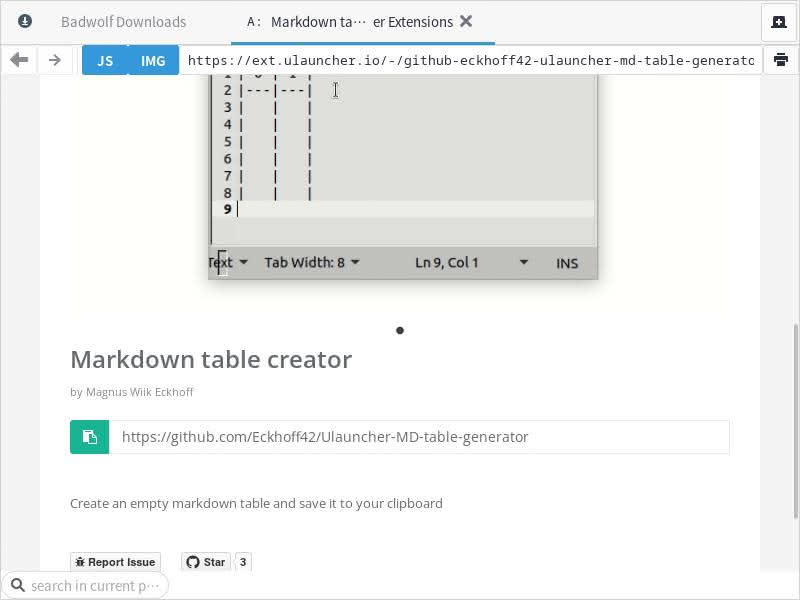 The Markdown table creator in Ulauncher's extension store.