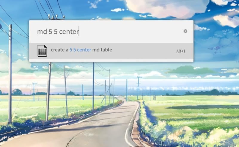 Creating a valid table with the Markdown table creator in Ulauncher against a desktop background depicting a scene from 5 Centimeters Per Second.