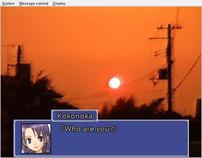 Kokonoka asks Saito who he is in the Summer, Cicadas, and the Girl visual novel.