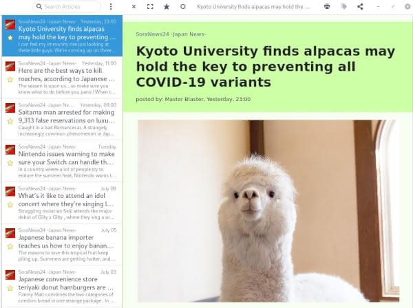 Clip of a SoraNews24 article about alpacas in FeedReader with the DecSync plugin.