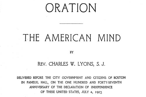 Title card for book version of "The American Mind" Independence Day Oration (1923) by Rev. Charles W. Lyons, S.J.