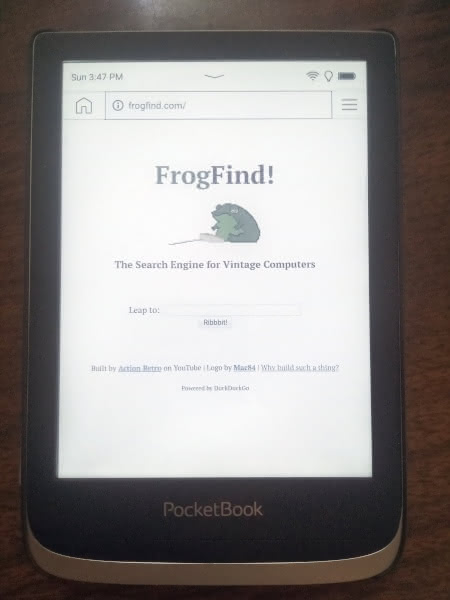FrogFind search homepage as seen on a PocketBook Color.