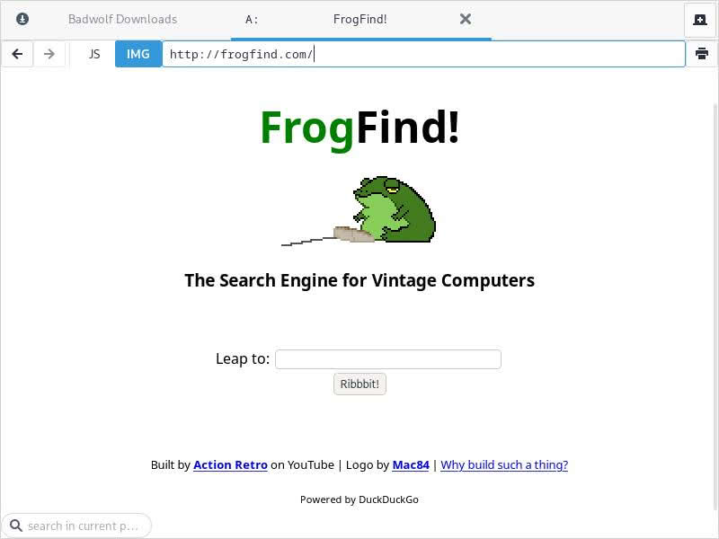 Homepage for FrogFind, "the search engine for vintage computers"