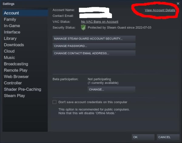 Locating "Account Details" from Steam settings.