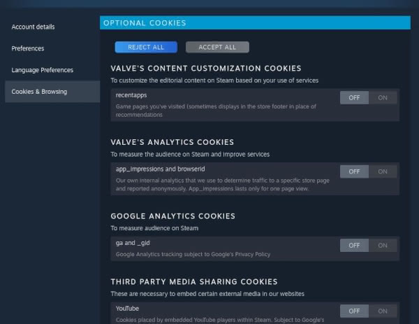 The Cookies & Browsing tab from Steam's user preferences menu with all optional cookies rejected.