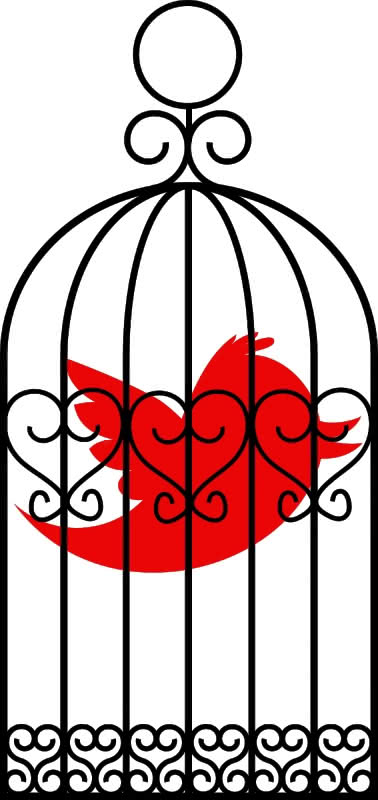 A red Twitter bird in a cage, public domain image titled "The Peril of Twitter"