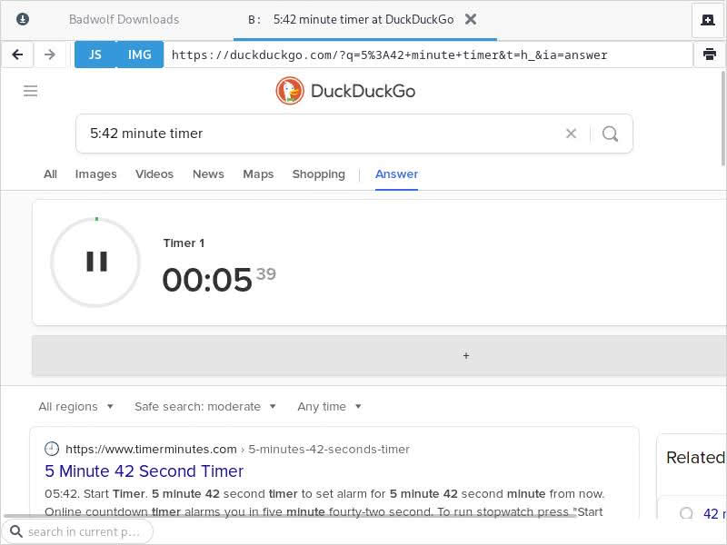 DuckDuckGo's timer widget showing minutes and seconds.