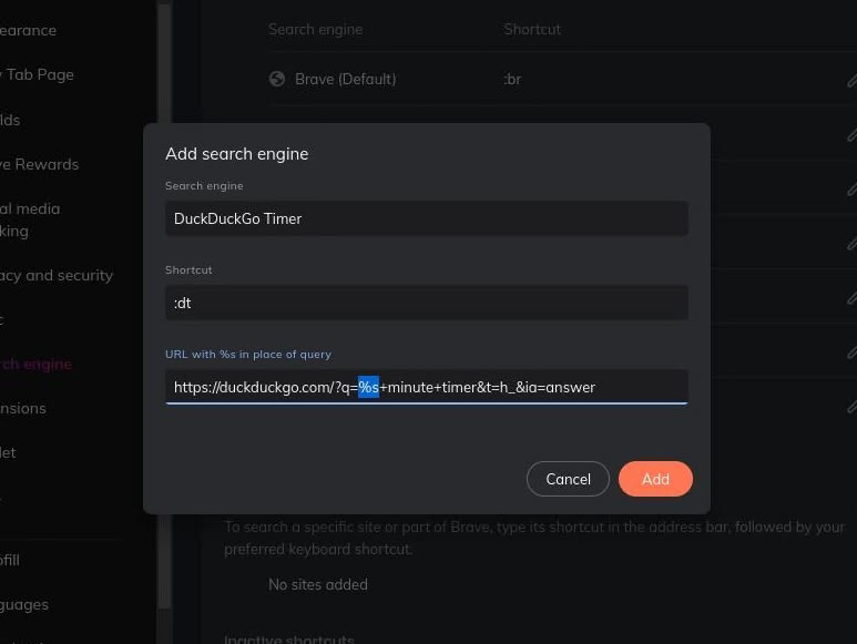 Adding a custom search engine for the DuckDuckGo Timer to Brave.