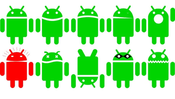 Public domain Openclipart image of 10 variations of the Android logo.
