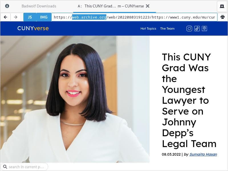 Web archive page of CUNY's now cancelled profile of graduate Yarelyn Mena.