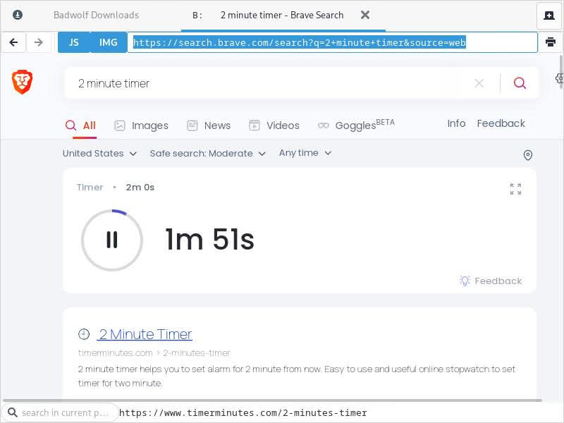 2 minute timer widget in Brave with URL string highlighted.