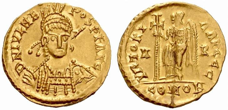 Front and back of coin depicting Julius Nepos as Roman Emperor. Numismatica Ars Classica NAC AG, CC BY-SA 3.0 DE <https://creativecommons.org/licenses/by-sa/3.0/de/deed.en>, via Wikimedia Commons