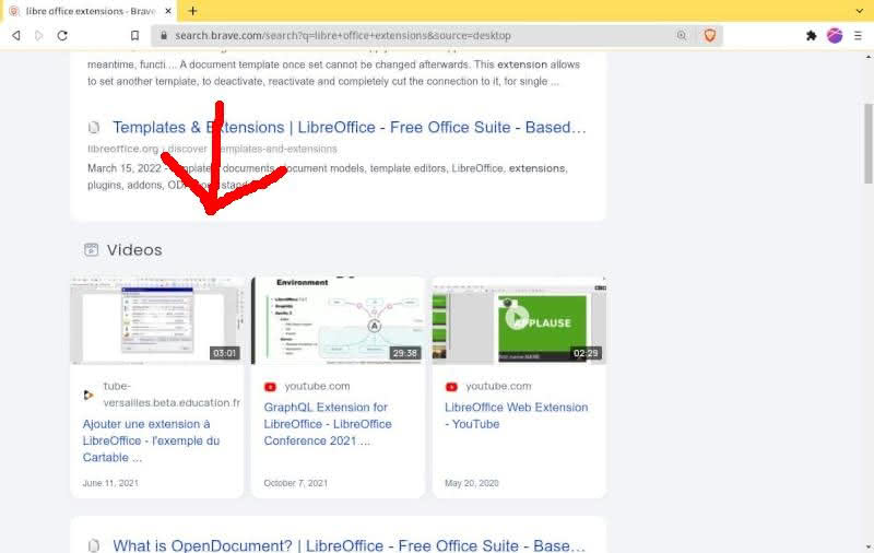 Brave Search recommends a PeerTube video for "libre office extensions"