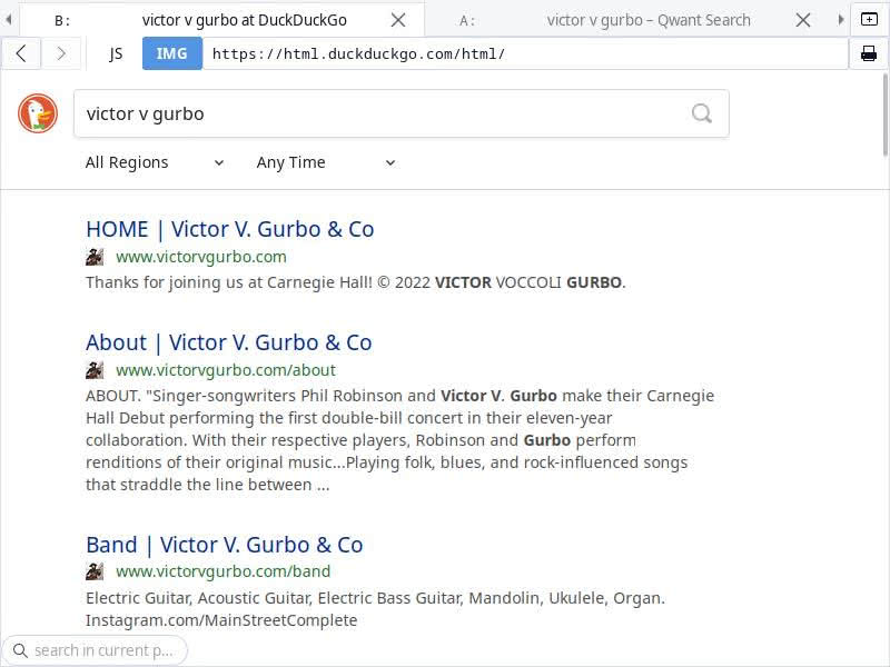 Screenshot of search results for "victor v gurbo" in pure HTML version of DuckDuckGo.