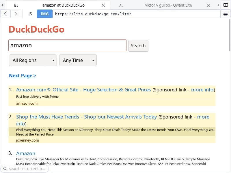 Screenshot of DuckDuckGo Lite showing two ads above search results for query "amazon"
