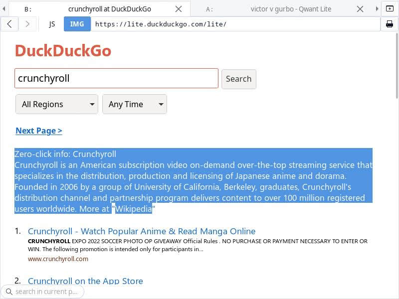 Screenshot of DuckDuckGo Lite search results for query "crunchyroll" with instant answer highlighted.